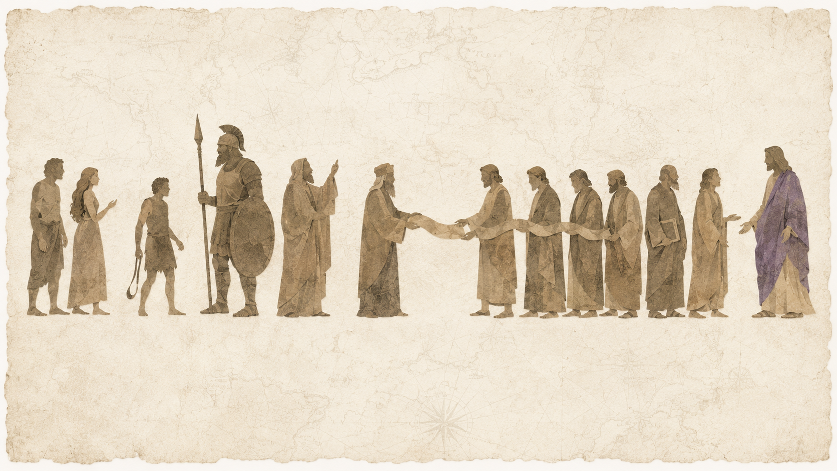 Illustrated biblical people gathered around an open Bible