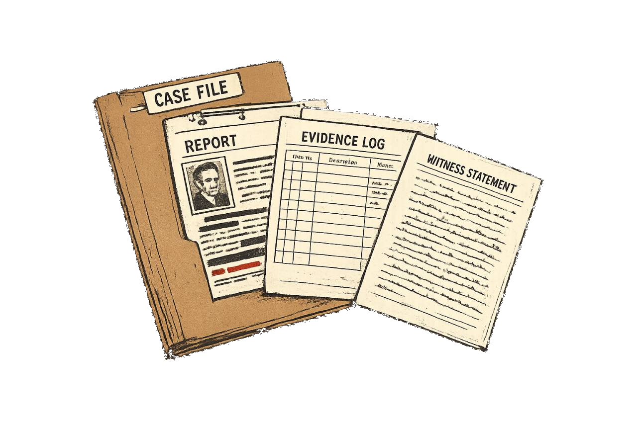 Case file with report, evidence log, and witness statement