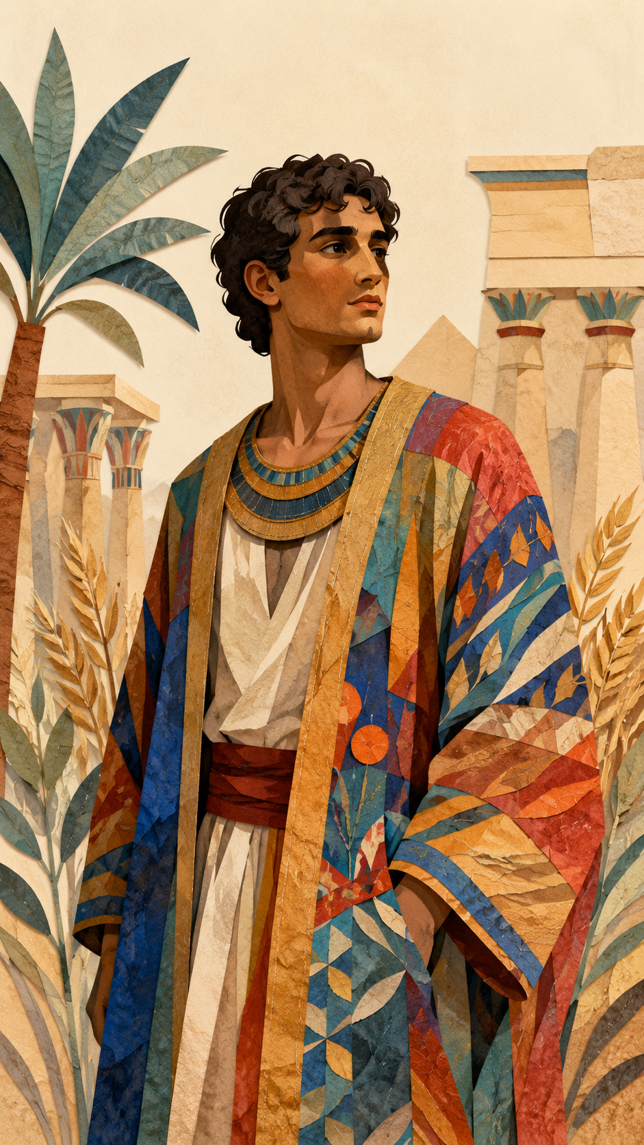 Joseph in Egypt wearing a coat of many colors